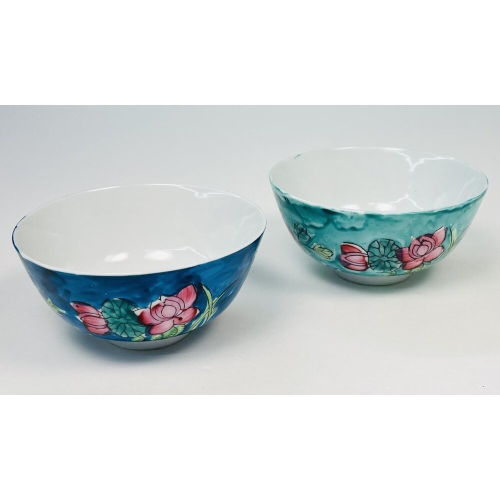 VTG Set 2 Handpainted Japanese Porcelain 4.5" Floral Rice Soup BOWLS Teal Pink